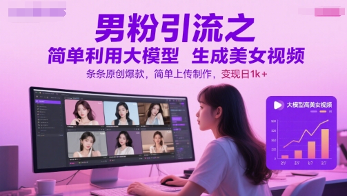 男粉引流之简单利用大模型生成美女视频，条条原创爆款，简单上传制作，变现日1k+网创项目-知识付费-在线课程-自媒体创业-网络副业-优利资源优利资源网