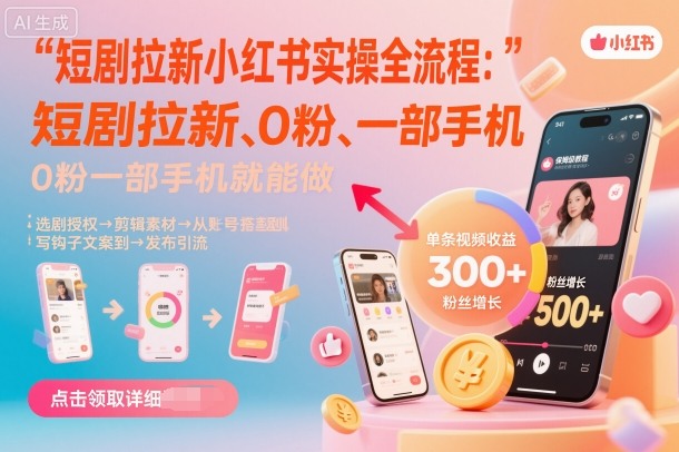 短剧拉新小红书实操全流程，0粉一部手机就可以做，详细教程网创项目-知识付费-在线课程-自媒体创业-网络副业-优利资源优利资源网