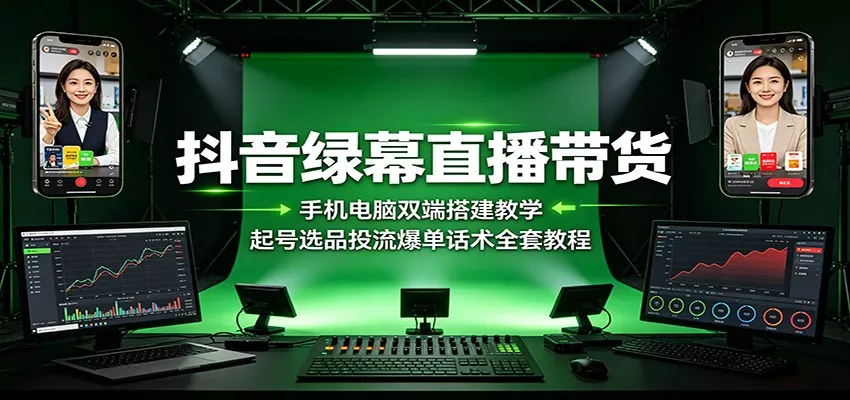 抖音绿幕直播带货：手机电脑双端搭建教学，起号选品投流爆单话术全套教程网创项目-知识付费-在线课程-自媒体创业-网络副业-优利资源优利资源网