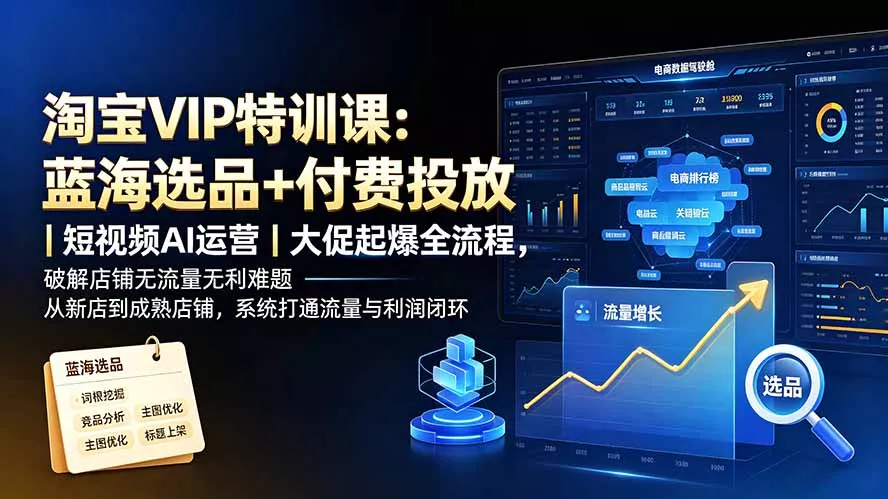 淘宝VIP特训课：蓝海选品+付费投放｜短视频AI运营｜大促起爆全流程，破解店铺无流量无利润难题网创项目-知识付费-在线课程-自媒体创业-网络副业-优利资源优利资源网