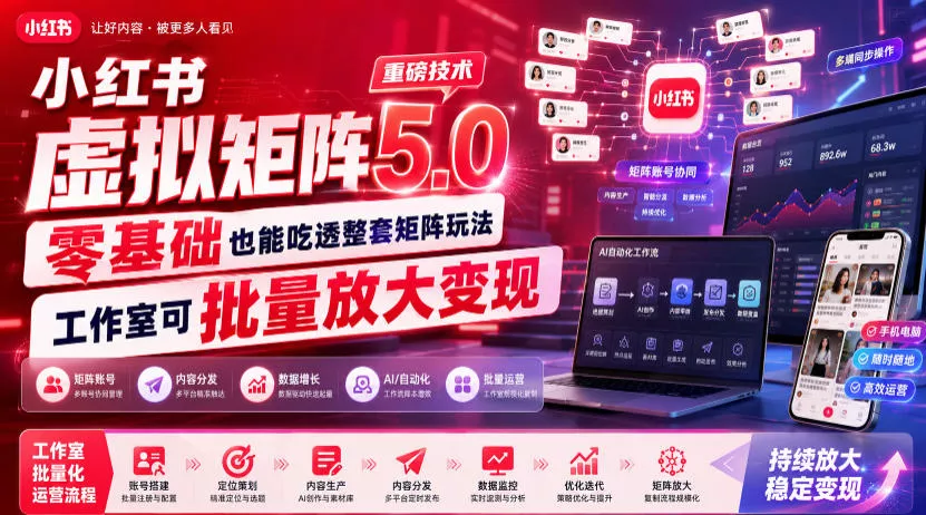 小红书虚拟矩阵5.0重磅技术，零基础也能吃透整套矩阵玩法，工作室可批量放大变现网创项目-知识付费-在线课程-自媒体创业-网络副业-优利资源优利资源网
