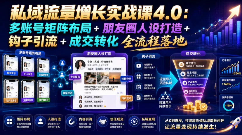 私域流量增长实战课4.0：多账号矩阵布局+朋友圈人设打造+钩子引流+成交转化全流程落地网创项目-知识付费-在线课程-自媒体创业-网络副业-优利资源优利资源网