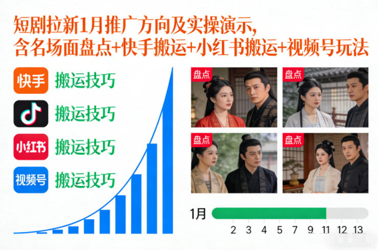短剧拉新1月推广方向及实操演示，含名场面盘点+快手搬运+小红书搬运+视频号玩法网创项目-知识付费-在线课程-自媒体创业-网络副业-优利资源优利资源网