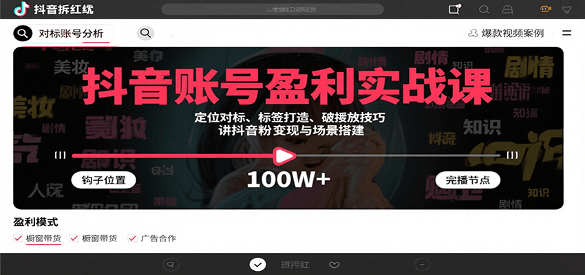 抖音账号盈利实战课，定位对标、标签打造、破播放技巧，讲涨粉变现与场景搭建网创项目-知识付费-在线课程-自媒体创业-网络副业-优利资源优利资源网
