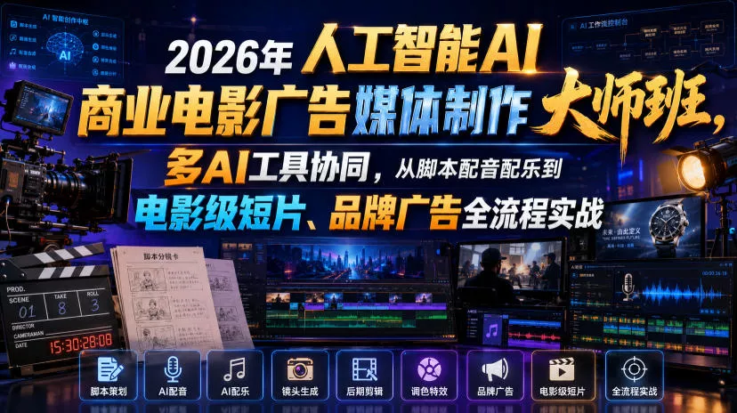 2026年人工智能AI商业电影广告媒体制作大师班，多AI工具协同，从脚本配音配乐到电影级短片、品牌广告全流程实战(中英字幕)网创项目-知识付费-在线课程-自媒体创业-网络副业-优利资源优利资源网