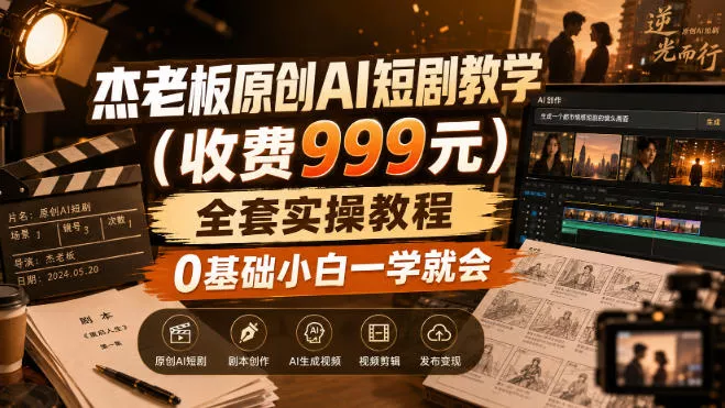 杰老板原创AI短剧教学(收费999元)，全套实操教程，0基础小白一学就会，非搬运技术网创项目-知识付费-在线课程-自媒体创业-网络副业-优利资源优利资源网
