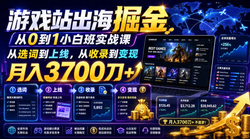 游戏站出海掘金从0到1小白实战课，从选词到上线，从收录到变现，月入3700刀+网创项目-知识付费-在线课程-自媒体创业-网络副业-优利资源优利资源网
