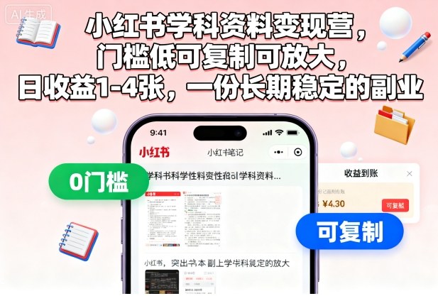 小红书学科资料变现营，门槛低可复制可放大，日收益1-4张，一份长期稳定的副业网创项目-知识付费-在线课程-自媒体创业-网络副业-优利资源优利资源网