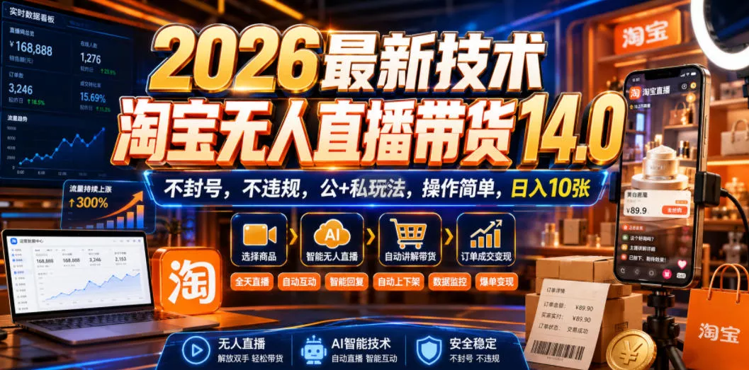2026最新技术，淘宝无人直播带货14.0，不封号，不违规，公+私玩法，操作简单，日入10张【揭秘】网创项目-知识付费-在线课程-自媒体创业-网络副业-优利资源优利资源网