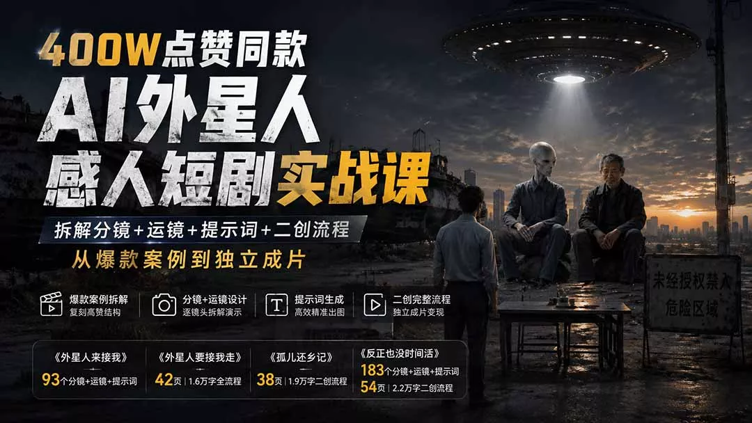 400W点赞同款AI外星人感人短剧实战课：拆解分镜+运镜+提示词+二创流程，从爆款案例到独立成片网创项目-知识付费-在线课程-自媒体创业-网络副业-优利资源优利资源网