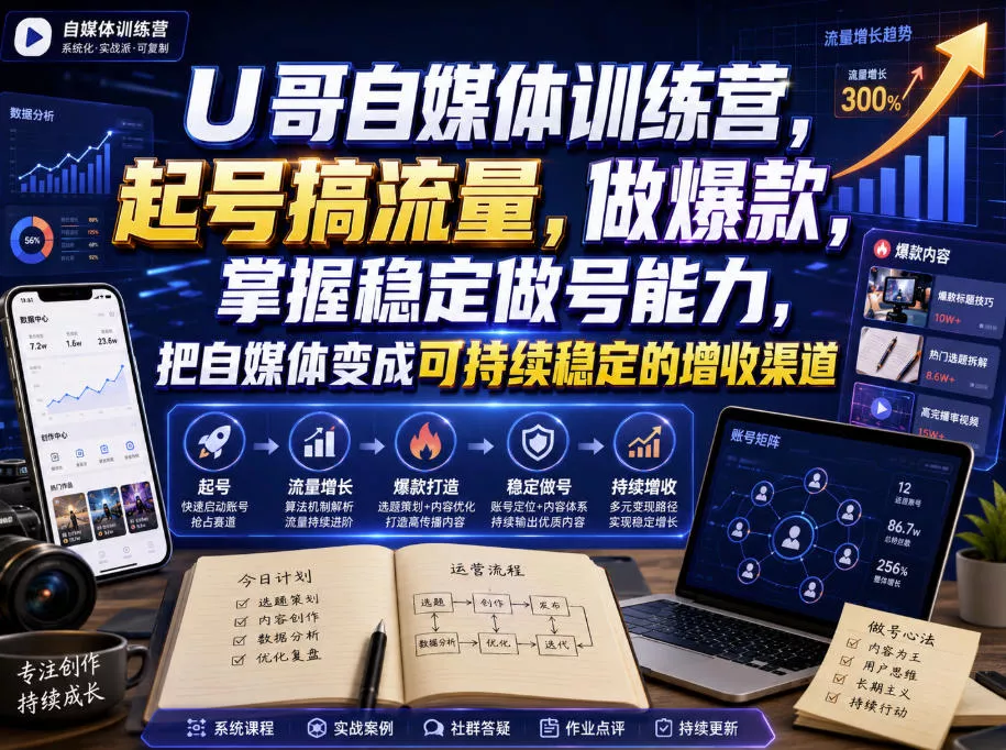 U哥自媒体训练营，起号搞流量，做爆款，掌握稳定做号能力，把自媒体变成可持续稳定的增收渠道网创项目-知识付费-在线课程-自媒体创业-网络副业-优利资源优利资源网