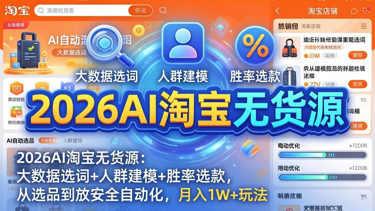 2026AI淘宝无货源-4月更新：大数据选词+人群建模+胜率选款，从选品到放大全自动化，月入1W+玩法网创项目-知识付费-在线课程-自媒体创业-网络副业-优利资源优利资源网