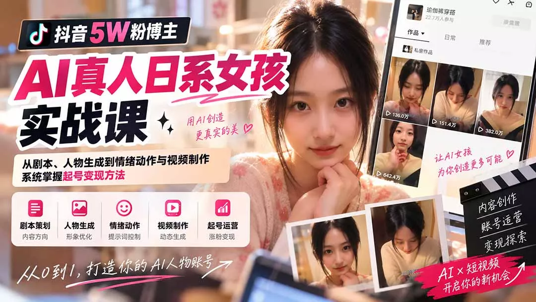 抖音5W粉博主AI真人日系女孩实战课：从剧本、人物生成到情绪动作与视频制作，系统掌握起号变现方法