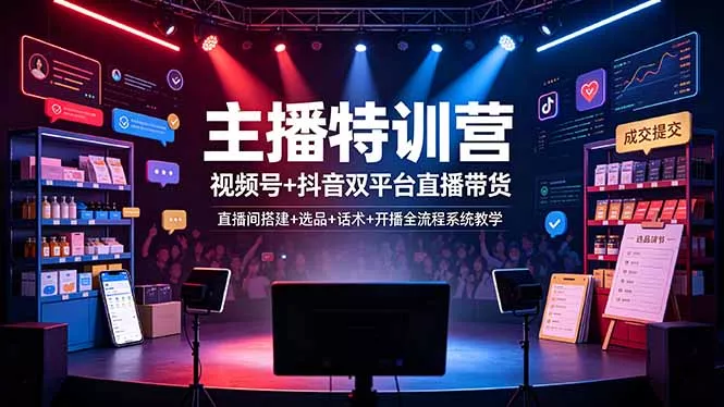 主播特训营：视频号+抖音双平台直播带货，直播间搭建+选品+话术+开播全流程系统教学网创项目-知识付费-在线课程-自媒体创业-网络副业-优利资源优利资源网