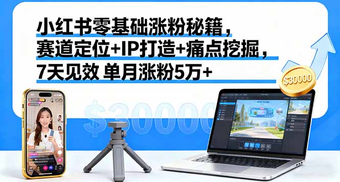 小红书零基础涨粉秘籍，赛道定位+IP打造+痛点挖掘，7天见效 单月涨粉5万+网创项目-知识付费-在线课程-自媒体创业-网络副业-优利资源优利资源网