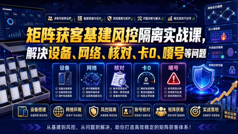矩阵获客基建风控隔离实战课，解决设备、网络、核对、卡0、嘎号等问题网创项目-知识付费-在线课程-自媒体创业-网络副业-优利资源优利资源网