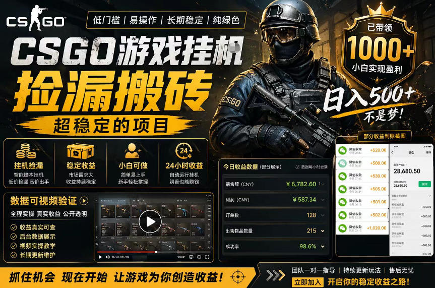 CSGO游戏搬砖，全自动挂G，不需要玩游戏，手机操作日入300+，解放双手【揭秘】网创项目-知识付费-在线课程-自媒体创业-网络副业-优利资源优利资源网