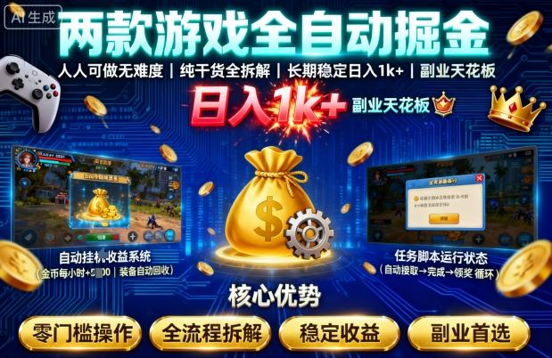 两款游戏全自动掘金，人人可做无难度，纯干货全拆解，长期稳定，日入1k+，副业天花板【揭秘】网创项目-知识付费-在线课程-自媒体创业-网络副业-优利资源优利资源网