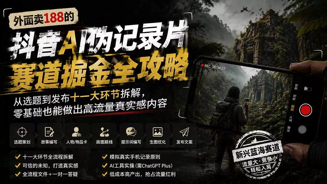外面卖188的抖音AI伪记录片赛道掘金全攻略；从选题到发布十一大环节拆解，零基础也能做出高流量真实感内容网创项目-知识付费-在线课程-自媒体创业-网络副业-优利资源优利资源网