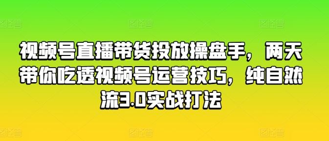 视频号直播带货投放操盘手，两天带你吃透视频号运营技巧，纯自然流3.0实战打法网创项目-知识付费-在线课程-自媒体创业-网络副业-优利资源优利资源网