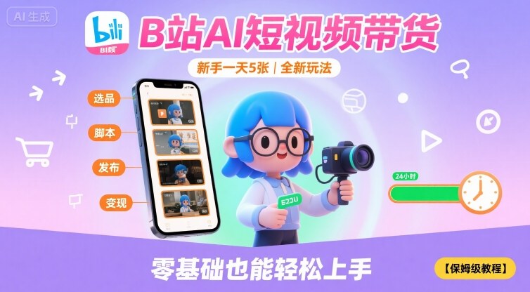 B站AI短视频带货，新手一天5张，全新玩法【保姆级教程】网创项目-知识付费-在线课程-自媒体创业-网络副业-优利资源优利资源网