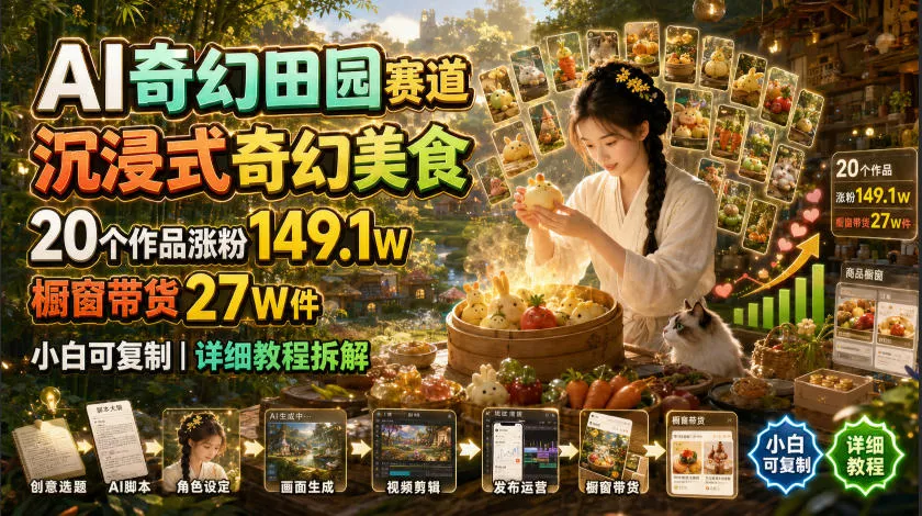 AI奇幻田园赛道，沉浸式奇幻美食，20个作品涨粉149.1W，橱窗带货27W件，小白可复制，详细教程拆解网创项目-知识付费-在线课程-自媒体创业-网络副业-优利资源优利资源网
