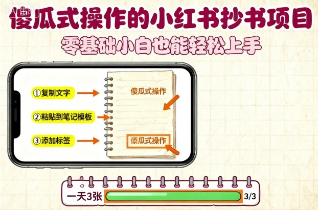 傻瓜式操作的小红书抄书项目，会复制粘贴就行，零基础小白也能一天3张网创项目-知识付费-在线课程-自媒体创业-网络副业-优利资源优利资源网