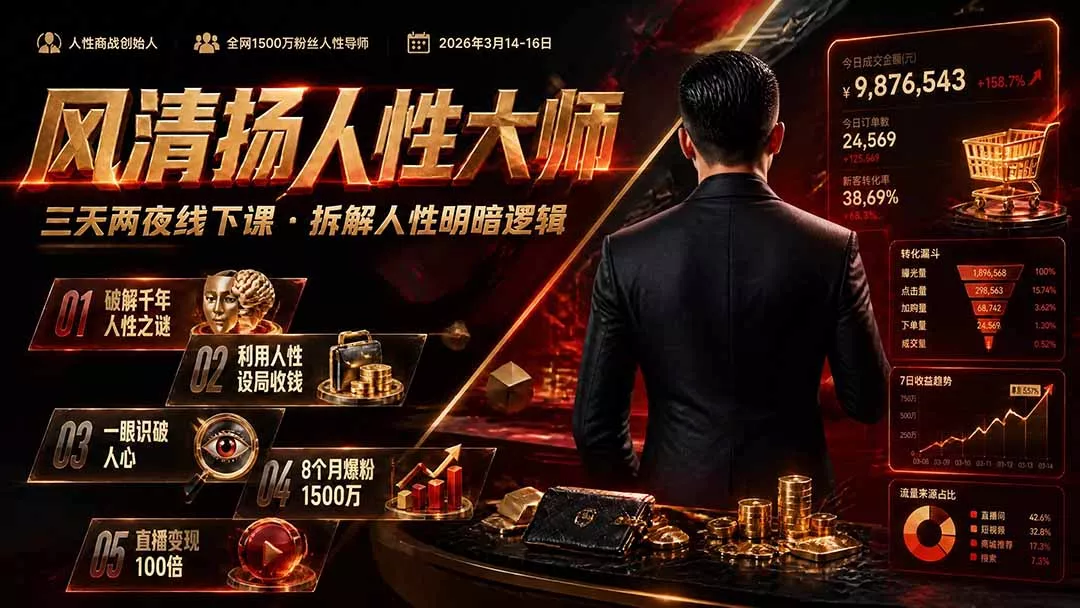 风清扬人性大师-三天两夜3月14-16线下课2026年｜拆解人性明暗逻辑，识人避坑，千万粉涨粉+直播百倍变现实战教学网创项目-知识付费-在线课程-自媒体创业-网络副业-优利资源优利资源网