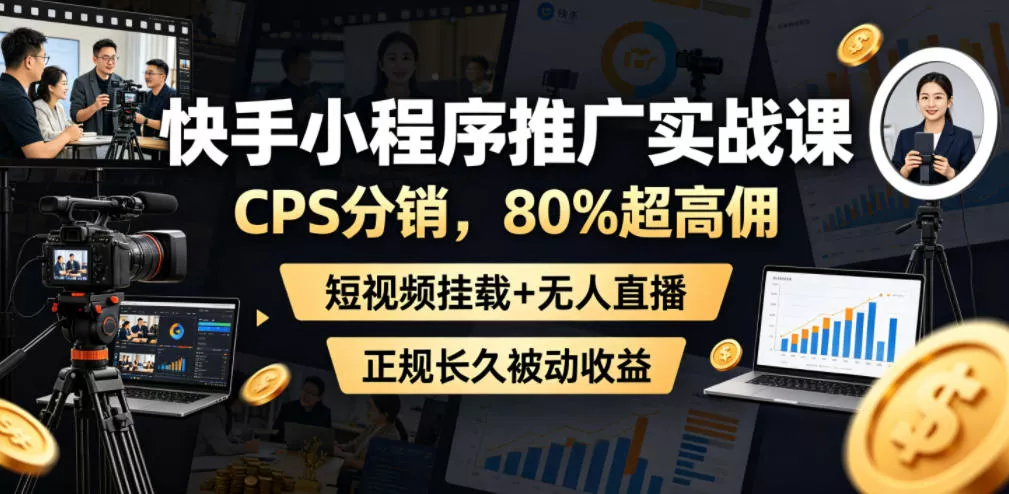 快手小程序推广实战课，CPS分销，80%超高佣，短视频挂载+无人直播，正规长久被动收益网创项目-知识付费-在线课程-自媒体创业-网络副业-优利资源优利资源网