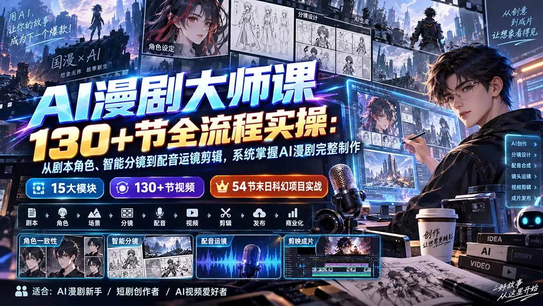 AI漫剧大师课130+节全流程实操:从剧本角色、智能分镜到配音运镜剪辑,系统掌握AI漫剧完整制作 AI漫剧大师课130+节全流程实操:从剧本角色、智能分镜到配音运镜剪辑,系统掌握AI漫剧完整制作