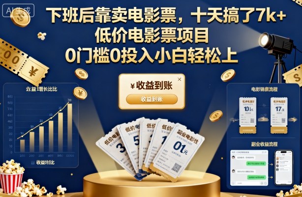 下班后靠卖电影票，十天搞了7k+，低价电影票项目，0门槛0投入小白轻松上手【揭秘】网创项目-知识付费-在线课程-自媒体创业-网络副业-优利资源优利资源网