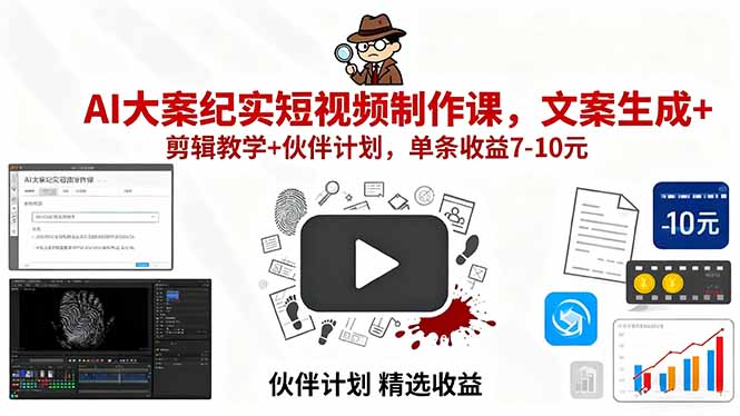 AI大案纪实短视频制作课，文案生成+剪辑教学+伙伴计划，单条收益7-10元网创项目-知识付费-在线课程-自媒体创业-网络副业-优利资源优利资源网