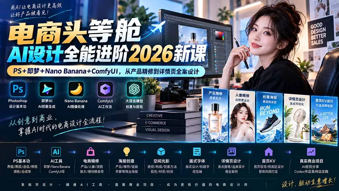 电商头等舱AI设计全能进阶2026新课：PS+即梦+Nano Banana+ComfyUI，从产品精修到详情页全案设计网创项目-知识付费-在线课程-自媒体创业-网络副业-优利资源优利资源网