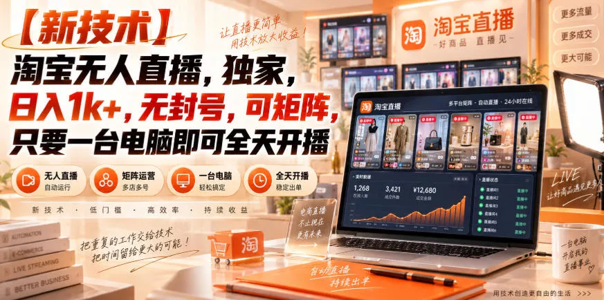 【独家新技术】淘宝无人直播，日入1k+，无封号，可矩阵，只要一台电脑即可全天开播【揭秘】网创项目-知识付费-在线课程-自媒体创业-网络副业-优利资源优利资源网