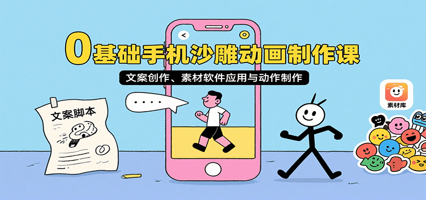 0基础手机沙雕动画制作课，文案创作、素材软件应用与动作制作网创项目-知识付费-在线课程-自媒体创业-网络副业-优利资源优利资源网