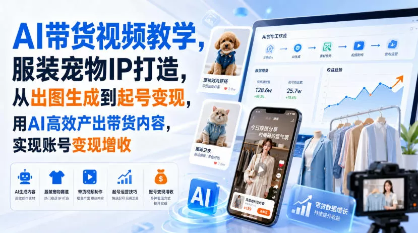AI带货视频教学，服装宠物IP打造，从出图生成到起号变现，用AI高效产出带货内容，实现账号变现增收网创项目-知识付费-在线课程-自媒体创业-网络副业-优利资源优利资源网