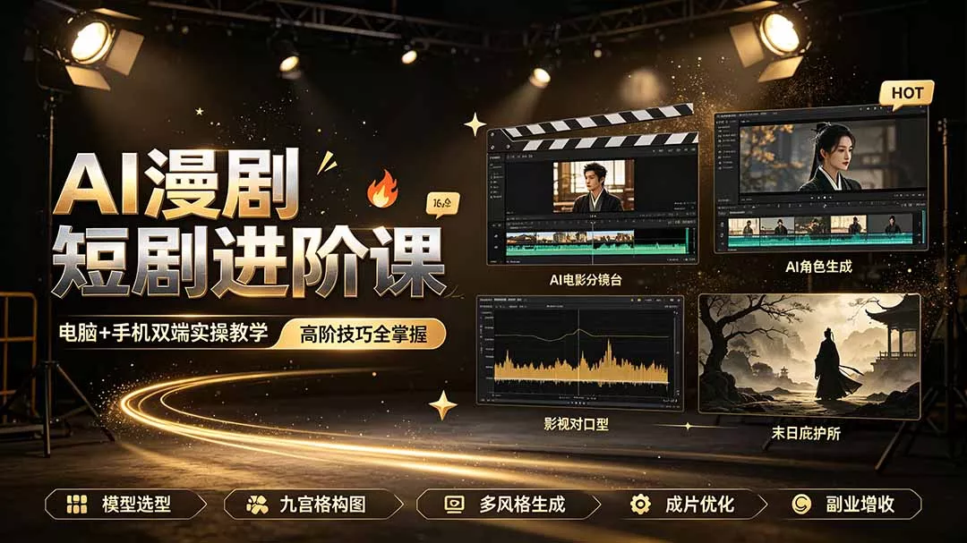 AI漫剧短剧进阶课｜电脑+手机双端实操教学｜影视剧对口型人物吃瓜×解压末日庇护所全程讲解，高阶技巧全掌握网创项目-知识付费-在线课程-自媒体创业-网络副业-优利资源优利资源网