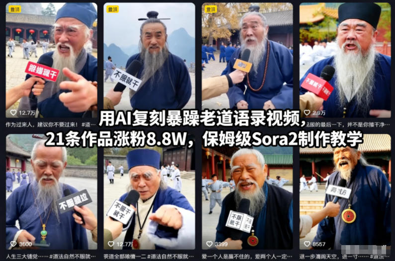 用AI复刻暴躁老道语录视频，21条作品涨粉8.8W，保姆级Sora2制作教学网创项目-知识付费-在线课程-自媒体创业-网络副业-优利资源优利资源网