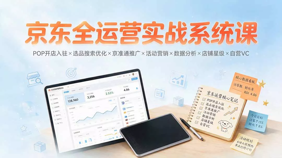 京东全运营实战系统课：POP开店入驻×选品搜索优化×京准通推广×活动营销×数据分析×店铺星级×自营VC网创项目-知识付费-在线课程-自媒体创业-网络副业-优利资源优利资源网