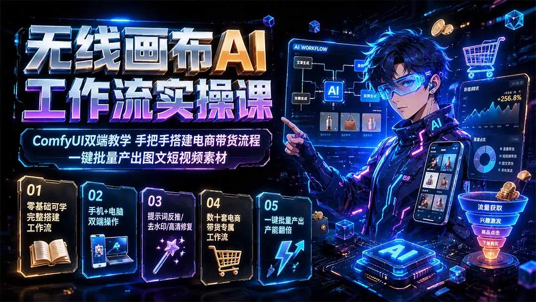 无线画布AI工作流实操课｜ComfyUI双端教学，手把手搭建电商带货流程，一键批量产出图文短视频素材网创项目-知识付费-在线课程-自媒体创业-网络副业-优利资源优利资源网