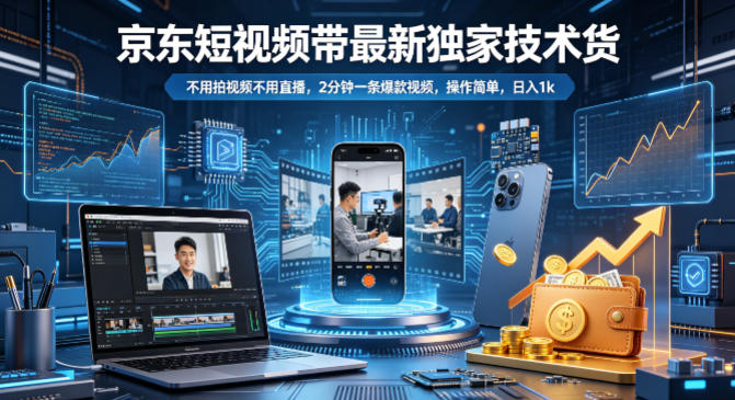 京东短视频带货最新独家技术，不用拍视频不用直播，2分钟一条爆款视频，操作简单，日入1k+【揭秘】网创项目-知识付费-在线课程-自媒体创业-网络副业-优利资源优利资源网