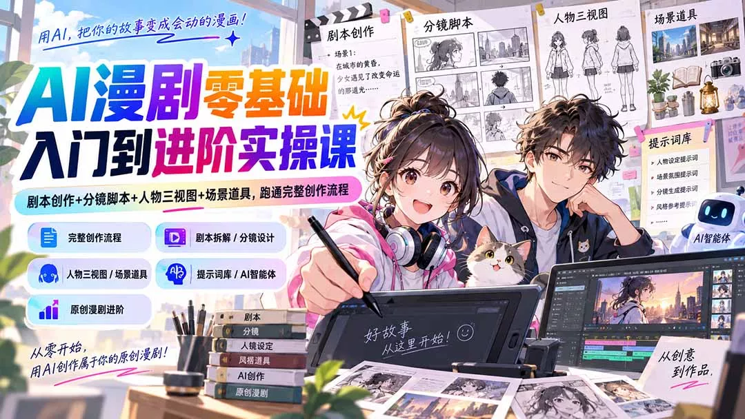 AI漫剧零基础入门到进阶实操课：剧本创作+分镜脚本+人物三视图+场景道具，跑通完整创作流程网创项目-知识付费-在线课程-自媒体创业-网络副业-优利资源优利资源网