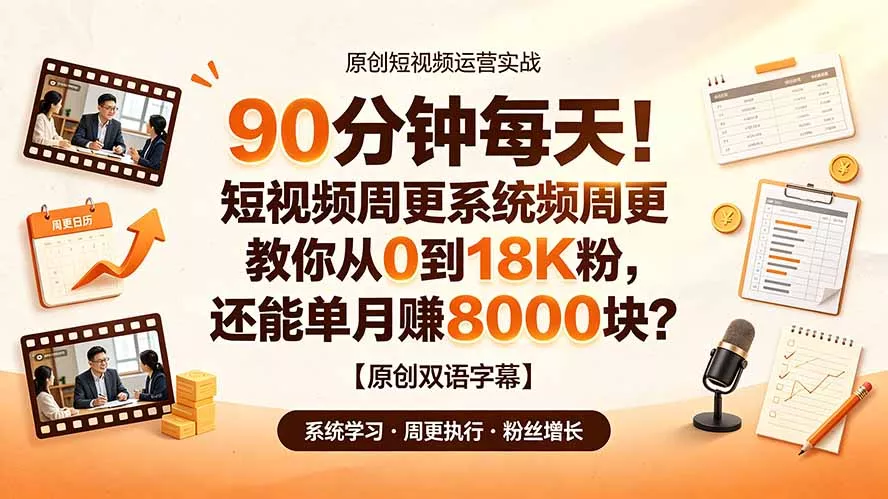 90 分钟每天！短视频周更系统教你从 0 到 18K 粉，还能单月赚 8000 块？【原创双语字幕】网创项目-知识付费-在线课程-自媒体创业-网络副业-优利资源优利资源网