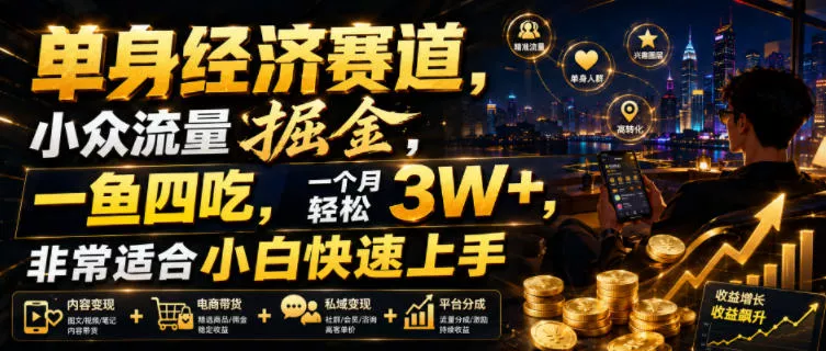单身经济赛道，小众流量掘金，一鱼四吃，一个月轻松3W+，非常适合小白快速上手【揭秘】网创项目-知识付费-在线课程-自媒体创业-网络副业-优利资源优利资源网