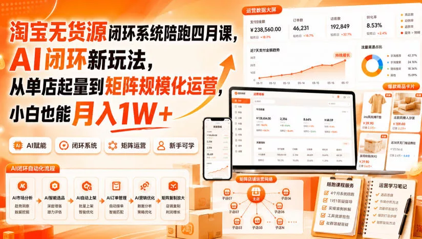 淘宝无货源闭环系统陪跑四月课，AI闭环新玩法，从单店起量到矩阵规模化运营，小白也能月入1W+网创项目-知识付费-在线课程-自媒体创业-网络副业-优利资源优利资源网