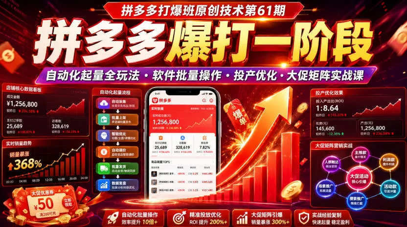 拼多多打爆班原创技术第61期，拼多多爆打一阶段，自动化起量全玩法・软件批量操作・投产优化・大促矩阵实战课网创项目-知识付费-在线课程-自媒体创业-网络副业-优利资源优利资源网