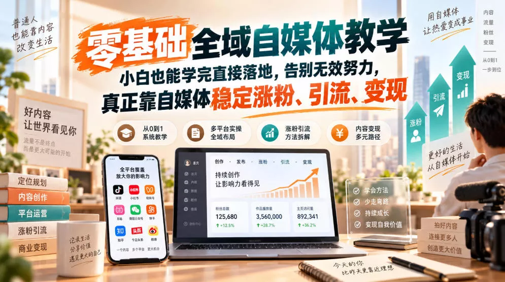 零基础全域自媒体教学，小白也能学完直接落地，告别无效努力，真正靠自媒体稳定涨粉、引流、变现网创项目-知识付费-在线课程-自媒体创业-网络副业-优利资源优利资源网