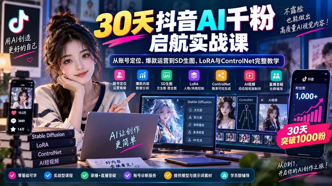 30天抖音AI千粉启航实战课：从账号定位、爆款运营到SD生图、LoRA与ControlNet完整教学网创项目-知识付费-在线课程-自媒体创业-网络副业-优利资源优利资源网