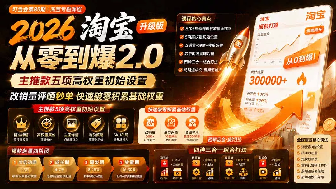 2026淘宝从零到爆2.0第85期;主推款五项高权重初始设置,改销量评晒秒单快速破零积累基础权重 2026淘宝从零到爆2.0第85期;主推款五项高权重初始设置,改销量评晒秒单快速破零积累基础权重