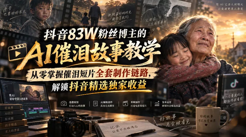 抖音83W粉丝博主的AI催泪故事教学，从零掌握催泪短片全套制作链路，解锁抖音精选独家收益网创项目-知识付费-在线课程-自媒体创业-网络副业-优利资源优利资源网